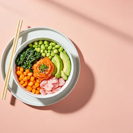 overhead shot of a minimalist table setting with a healthy poke bowl, fresh ingredients, and bright natural lighting