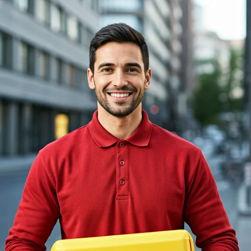 portrait of a friendly delivery courier smiling outdoors in a professional uniform